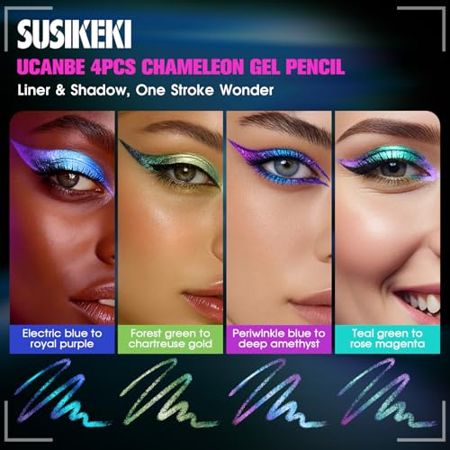 4PCS Chameleon Metallic Eyeshadow & Eyeliner Gel Pencil Set ? Multichrome Shifting Colors Glitter Eye Makeup, Waterproof Long-Lasting Smudge-Proof Duochrome Pencil for Multi-Dimensional Looks