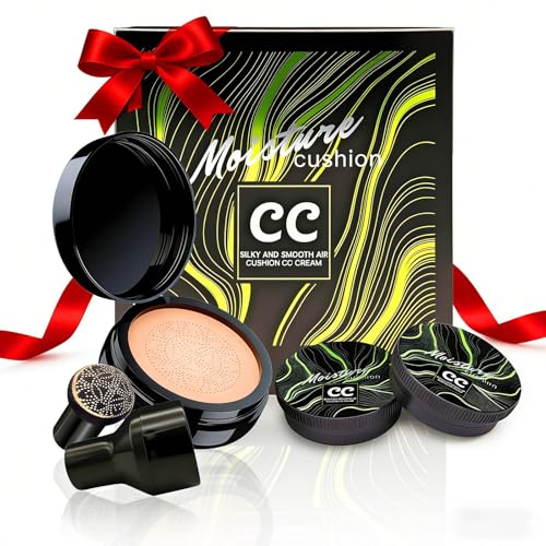 Mushroom Head Air Cushion CC Cream Gift Set for Women, 1 Full-Size Makeup Foundation with 2 Refills & 1 Special Mushroom Head Puff, Holiday Gifts for Her (Medium)