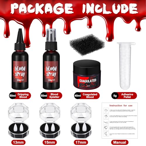 Halloween Fake Blood Makeup Kit with 3-Size Vampire Teeth