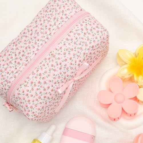 Quilted Makeup Bag, Floral Cosmetic Bag Cute Handmade Aesthetic Pink Toiletry Bag Flower Coquette Accessories Cotton Pouch for Women