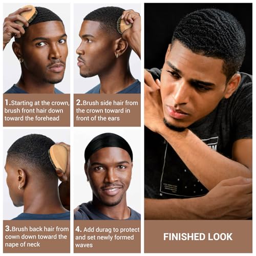 Myselect Wood Curved 360 Wave Brush for Men - Medium Hard Boar Bristle Hair Styling Tool