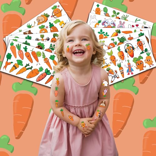 117 PCS Funny Vegetable Carrot Temporary Tattoos Sticker Fruit Carrot Bunny Birthday Party Decor Decorations Supplies Favors Gifts Boys Girls Baby Shower Cute Fake Tattoo School Reward Themed