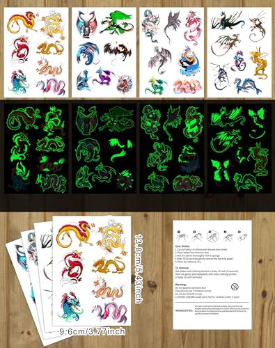 140 Glow-in-Dark Dragon Temporary Tattoos, 35 Designs