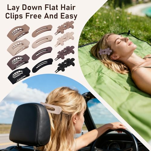 HQ-SITE Neutral Flat Hair Clips 12 Pack - Matte Square Claw & Flower Pins for Women