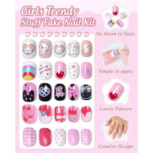 120PCS 5 Pack Press on Nails for Kids,Tweens Girls Soft Fake Nail Kit, Reusable Creative Design kids Nails, Full Cover Glitter Stick on Nails Girl Nails for Kids Ages 8-12