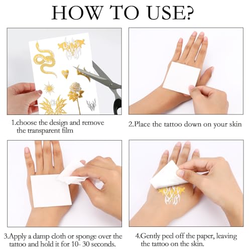 Konsait 9-Sheet Metallic Temporary Tattoos - Gold & Silver Designs