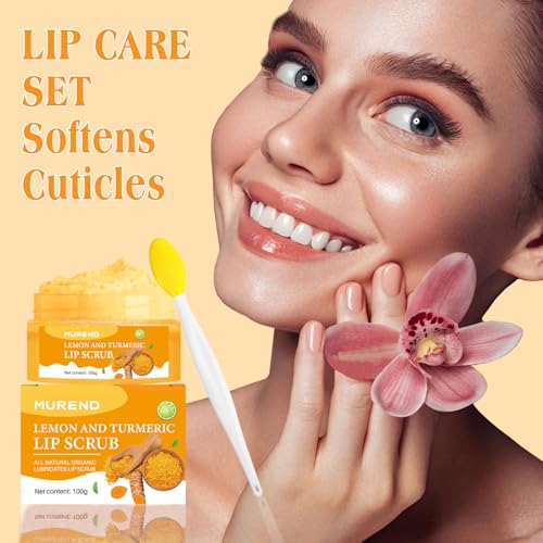 Turmeric Lemon Lip Scrub with Brush - Natural Exfoliator for Dark, Chapped Lips