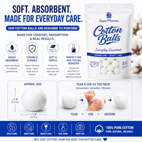 Premium Cotton Balls 400 Count (4 Pack) - Soft & Absorbent for Skincare