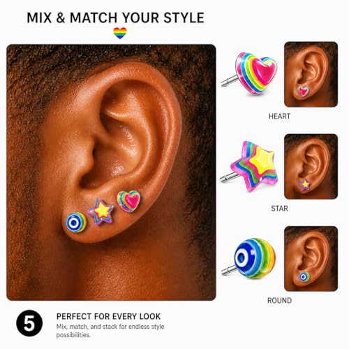 Rainbow Stud Earrings & Tattoo Set - 3 Pairs + 5 Sheets