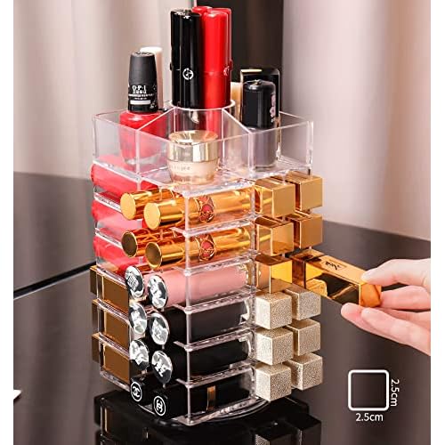 Sooyee 360 Degree Spinning Lipstick Organizer Holder 53 Spaces,Acrylic Cosmetic Display Cases for Lipstick, Brushes, Bottles, and more,Clear
