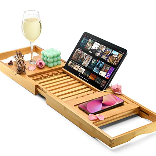 Bamboo Bathtub Caddy Tray - Expandable Bath Tray for Tub