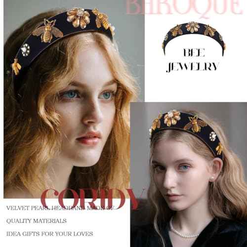 Black Baroque Headband Pearl Rhinestones Hairband with Beaded Hair Ties Handmade Velvet Hair Hoop Wide Head Band for Women (Bee)