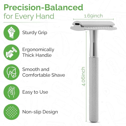 Double Edge Safety Razor - Single Shaving Metal Razors With 10 Platinum Coated Stainless Steel Double Edge Blades Reusable Eco And Travel Friendly Saftey Shaver Blade Set Men Women (Silver, Single)
