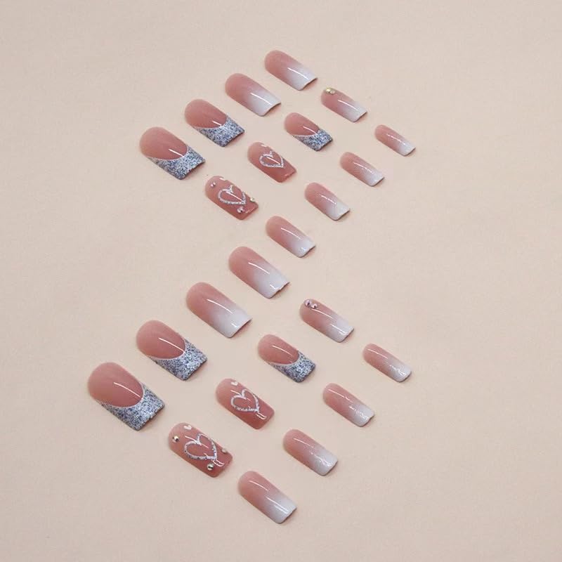 Magrace Press on Nails Medium Nude Fake Nails French Tips Full Cover Square False Nails with Designs 24 Pcs Stick on Nails for Women and Girls