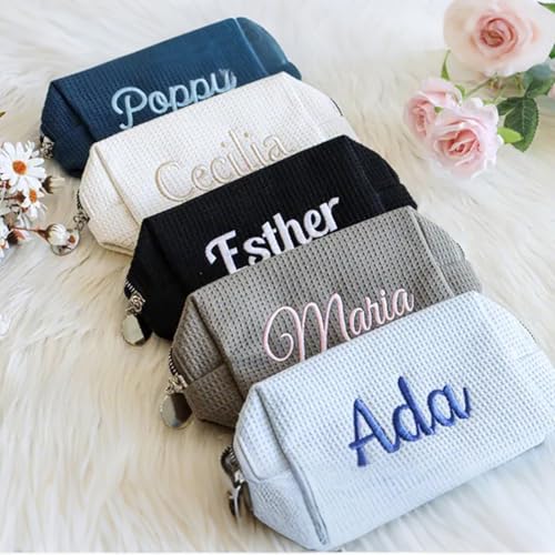 Personalized Embroidered Waffle Cosmetic Bag - Custom Makeup Pouch