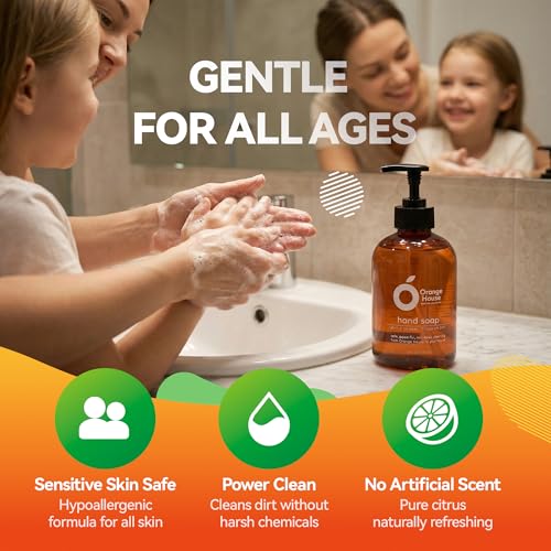 ORANGE HOUSE Natural Liquid Hand Soap, Food-Grade Orange Oil Moisturizing Hand Wash, Plant-Based & Hypoallergenic, Gentle for Sensitive Skin, Non-Toxic Citrus Scented Soap, 12 Fl Oz (6 Pack)