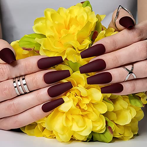 Hypnaughty Press On Nails - Maroon Xtreme & Noir Matte Coffin, Trendy & Salon Quality Reusable Nails With Kit