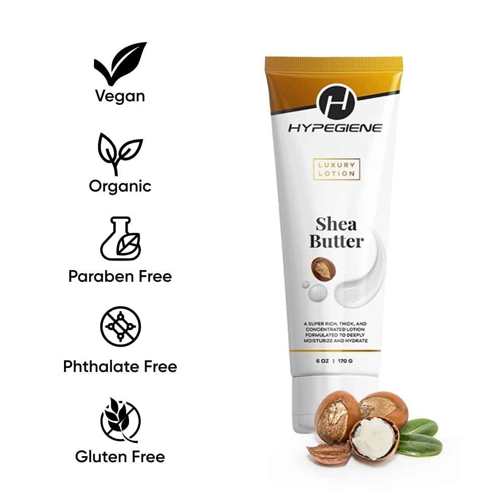Hypegiene Shea Butter Lotion - Thick Textured, Hydrating Daily Moisturizer with Aloe, Shea Butter & Vitamin E - Non-Greasy Organic Body Lotion - Vegan, Paraben-Free - For Dry & Sensitive Skin (6oz)