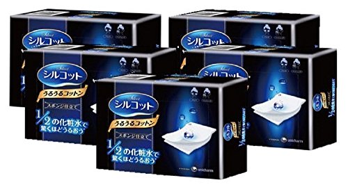 Unicharm Silcot Uruuru Sponge Facial Cotton Pads, 40 Sheets - 5 Pack