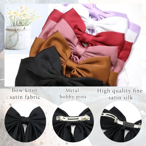 FULZTEY Hair Bows for Women Red Soft Satin Bow Hair Clips Coquette Bows Hair Barrettes with Long Tail Ribbon Bowknot Hair Accessories for Girls Teen 6 Pack