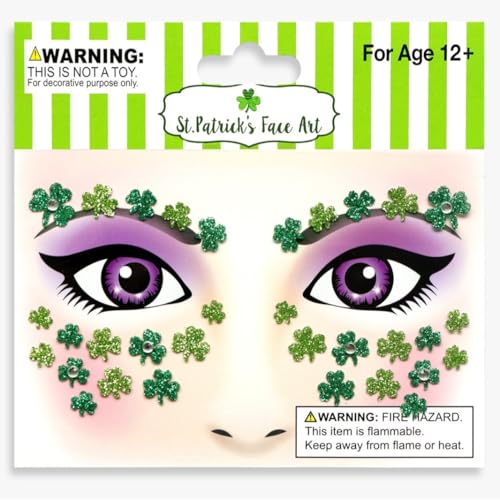 St. Patrick's Day Glitter Face Tattoos with Shamrock Gems