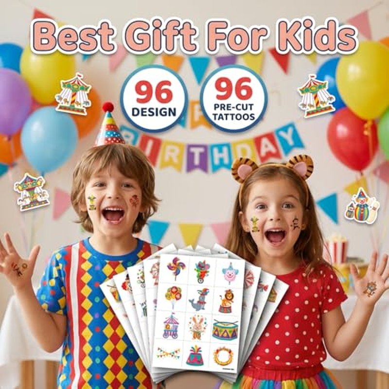 96 PCS Cute Carnival Pre-Cut Temporary Tattoos for Kids - Circus Designs for Clown Theme Parties, Birthday Supplies & Favors for Parties, Classroom Rewards Decoration, Gifts for Kids (Carnival 1)