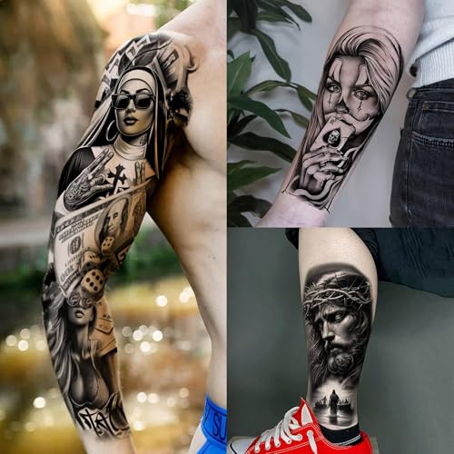 18 Sheets Chicano Full Arm Temporary Tattoos For Men Women Thigh, Chicana Guadalupe Joker Gangster Nun Girl Fake Sleeve Tattoos For Adults, Temp Bulk Jesus Christ Halloween Tattoo Stickers Prison