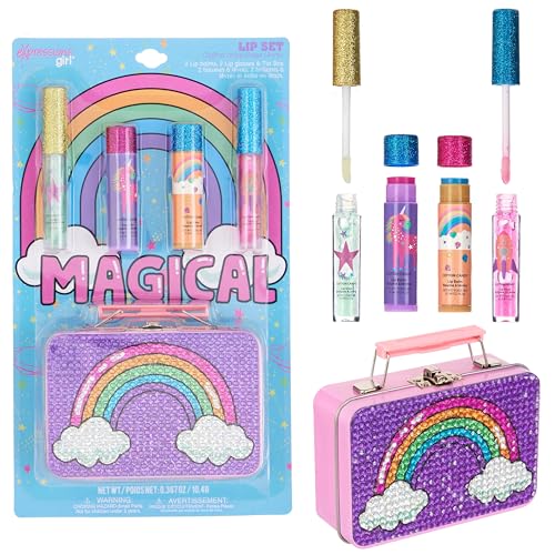Kids Lip Gloss & Balm Kit with Rainbow Rhinestone Tin Case