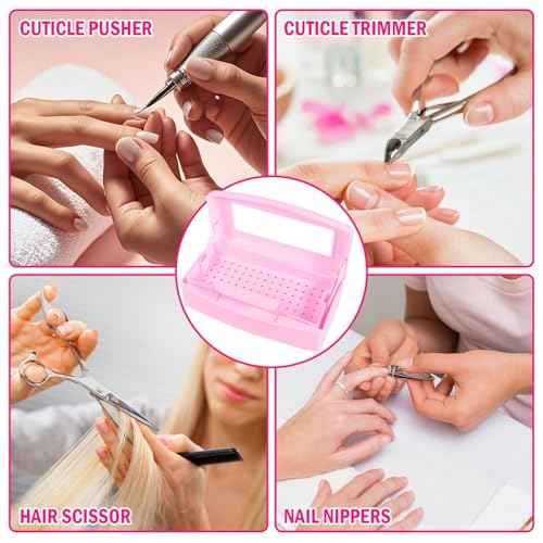 YoleShy Nail Tool Cleaning Box Pink Plastic Clean Container for Tweezers Esthetician Essentials Clean Jar for Hair Salon, Spa & Cutter Manicure Equipment-Nail Art Tool