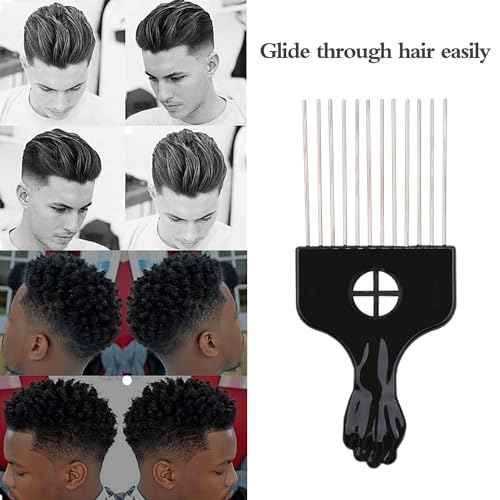 6Pcs Afro Picks Metal Hair Combs, Steel Teeth Hair Pick for Curly, Coily, Natural Hair, Detangling, Styling Comb for Men Women (Black)