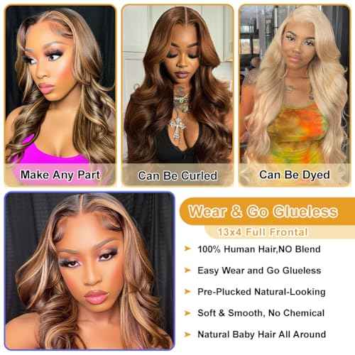4/27 Highlight Body Wave Lace Front Wigs Human Hair Pre Plucked 13x4 HD Lace Frontal Wig with Baby Hair 180% Density Ombre Brown and Honey Blonde Human Hair Wigs for Black Women 24 Inch