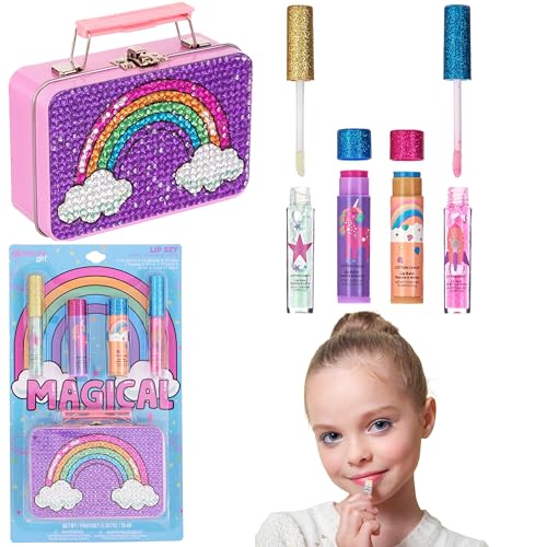 Kids Lip Gloss & Balm Kit with Rainbow Rhinestone Tin Case