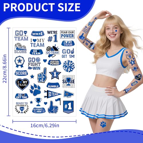 Dark Blue Team Spirit Temporary Tattoos - 170+ Team Spirit Tattoo Decorations, Sport Party Favors Supplies, Cheerleading Glitter Sport Game Stickers for School Event(6 Sheets)