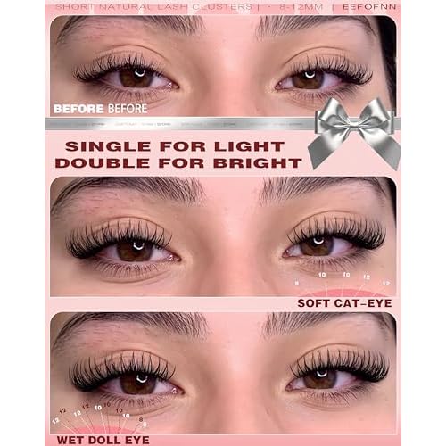Wispy Lash Clusters 8-10-12mm Natural Cluster Eyelash Extensions Short Eyelash Clusters C-Curl Individual Lashes Clear Band Clusters Lashes Natural Look for Daily Wear DIY Eyelash Extension by EEFOFNN