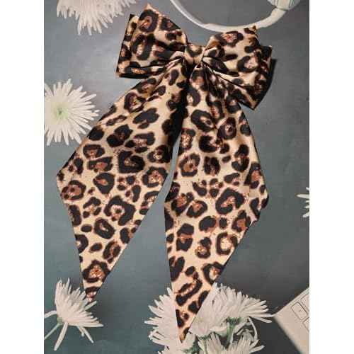 Furling Pompoms Hair Bows for Women Big Bow Hair Clips for Girls Long tail Hair Ribbon Satin Leopard Hair Bow Barrette Cute Hair Accessories Gifts, Pack of 2 (Camel)