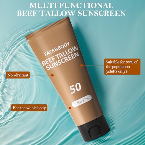 Beef Tallow Sunscreen, Sunscreen for Face, Natural Reef Safe Sunblock for Face Body, Non Greasy Clean Travel Sun Screen Sunblock for Sunmmer Outdoor Travel, 2.46 OZ