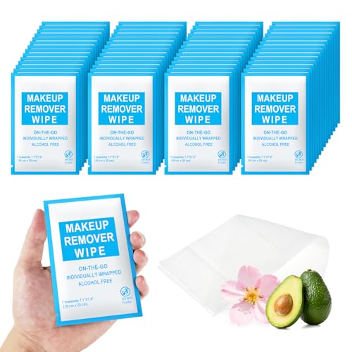 Makeup Remover Wipes Individually Wrapped Pack of 50,Avocado Scent 7x7.9 inch Blue Travel Size Facial Cleansing Wipes Towelette for Face Cleansing,Skin Care,Hotel,Camping,Gym,Office