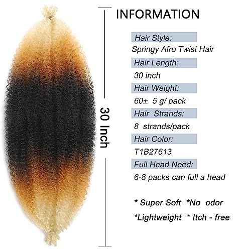 Parceria 30 Inch Springy Afro Twist Hair 8 Packs Marley Twist Braiding Hair Pre-fluffed Spring Twist Hair Kinky Hair Afro Twist Hair Marley Hair for Faux Locs (30 Inch (Pack of 8), T1B/27/613#)