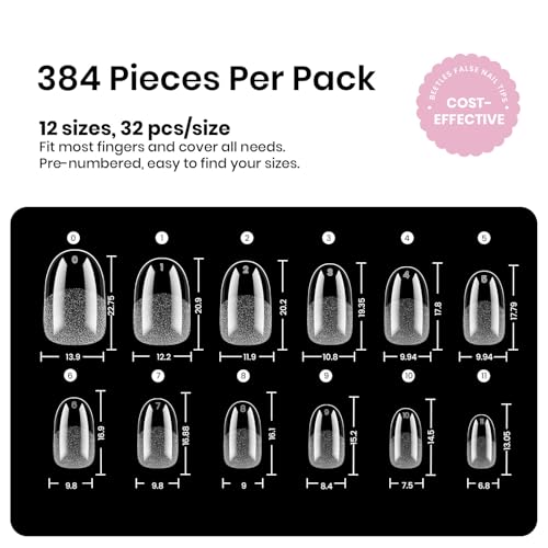 Beetles Oval Short Gel Nail Tips A- 384pcs, 12 Sizes, Pre-Etched, No Shaping Needed