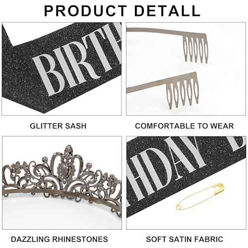 Birthday Baddie Sash and Crown for Women Girls - Black Glitter with Silver Foil Birthday Girl Sash and Crown Funny Birthday Party Favor Supplies