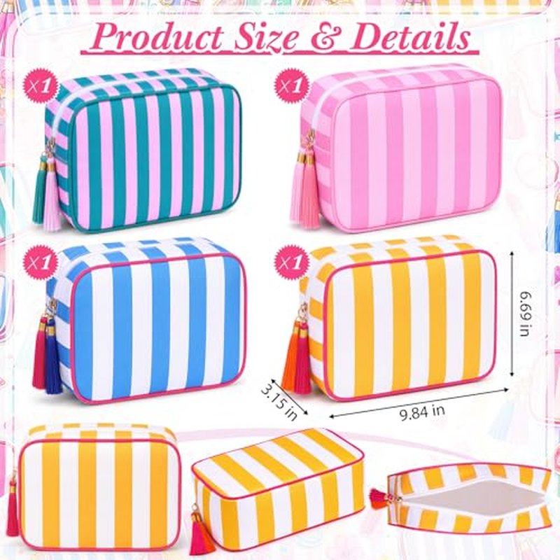 4 Pack Striped Makeup Bags with Tassel Zipper, Large Cosmetic Pouch