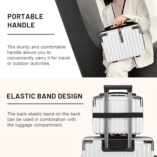 15 Inch Portable Hard Shell Makeup Case, Mini Cosmetic Travel Luggage Case with Shoulder Strap, Small Travel Suitcase Train Case with Toiletry Bag, ABS Material, White