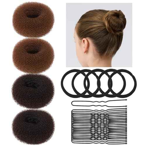 Teenitor Small Donut Hair Bun Maker Set - 2 Dark Brown 2 Light Brown Small Size Hair Bun Maker, Hair Donuts for Buns Kids, 5 Elastic Bands, 20 Hair Pins, Bun Maker For Kids