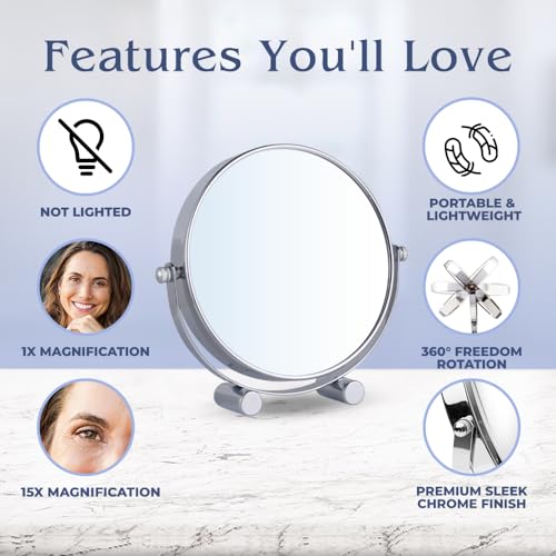 Small 15X Magnifying Tabletop Mirror for Makeup - Double Sided 15x and 1x Portable Make Up Mirror for Desk, Dressing Table and Retail Store - 6" Wide & 6.7" Tall (Chrome)