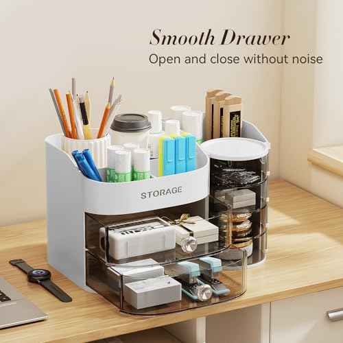 LAMU Makeup Organizer Countertop, Cosmetic Storage for Dresser Bathroom Countertop, Include 4-Tier Rotating Jewelry Box for Brushes, Skincare, Perfume, Office, Earring, Jewelry Organizer, White