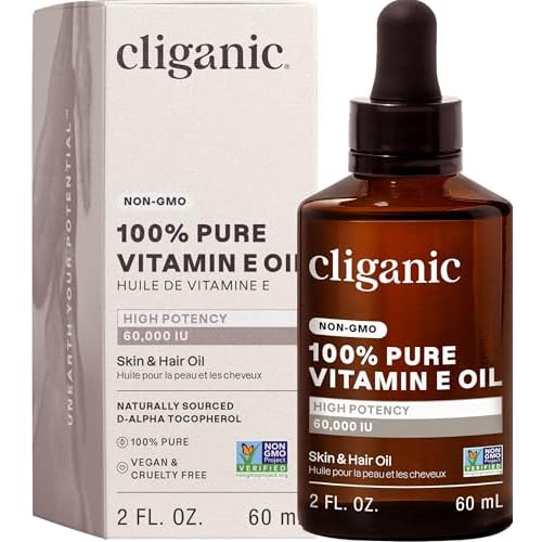 Cliganic Pure Vitamin E Oil for Skin, Scars, Hair & Face - 60,000 IU, Non-GMO Verified | Natural D-Alpha Tocopherol
