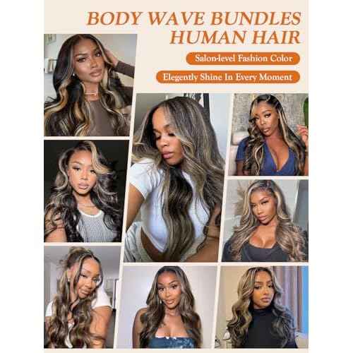 P1b/27 Human Hair Bundles Body Wave 2x6 Closure with Bundles 16 18 20+14 Inch, Honey Blonde Highlight Loose Wave Weave 12A Black Balayage Bundles with 2x6 Lace Sew In Closure