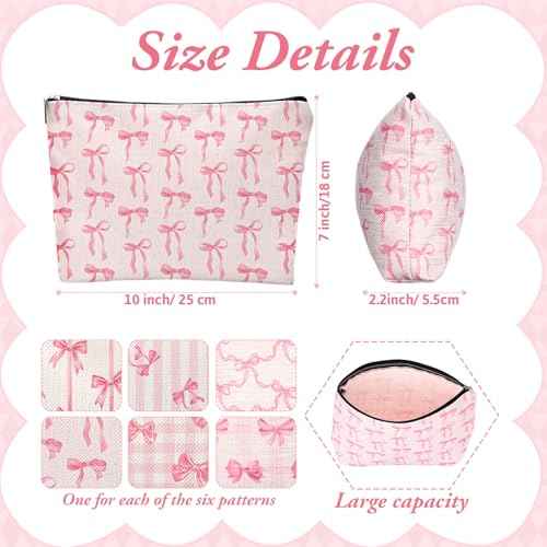 Kacctyen 6 Pack Pink Coquette Bow Makeup Bag Preppy Cosmetic Bags Zipper Pouch Travel Toiletry Bag Pink Trendy Pouch Bag Gift for Coquette Birthday Paty Favor Girls Travel Storage Accessories