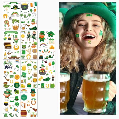 Sevgob St Patrick's Day Temporary Tattoos - 10 Sheets Waterproof Shamrock & Lucky Clover Stickers for Women