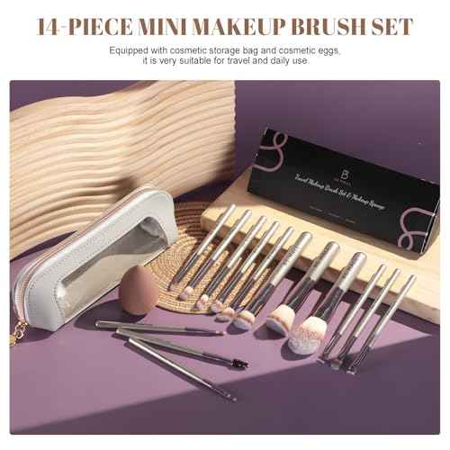 Travel Makeup Brush Set BS-MALL 14 Pcs with 1 Pcs Makeup Sponge ? Essential Foundation Powder Concealers, Eye Shadows, Blush Makeup Brushes with Travel Makeup Case (Champagne)